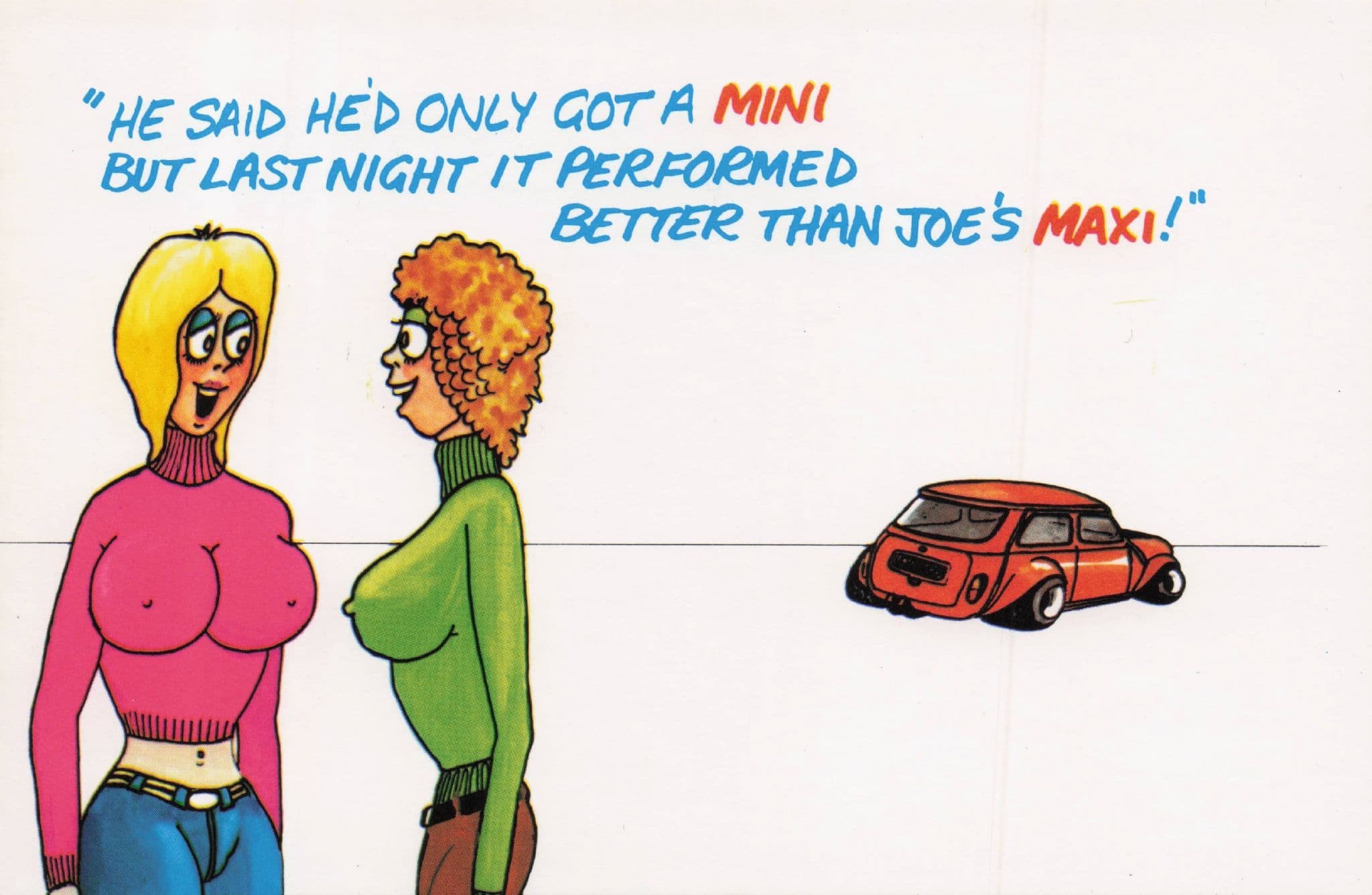 Mini VS Maxi Old Classic Car Lady Passengers Comic 1970s Postcard