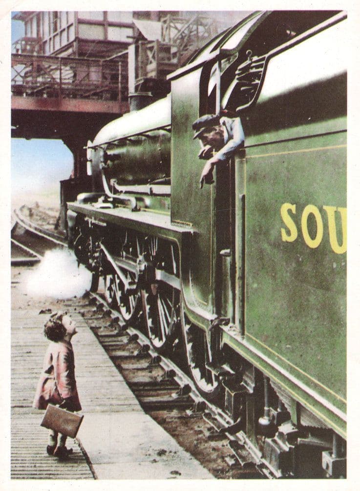 Miniature Child with Giant Train Conductor Painting Postcard