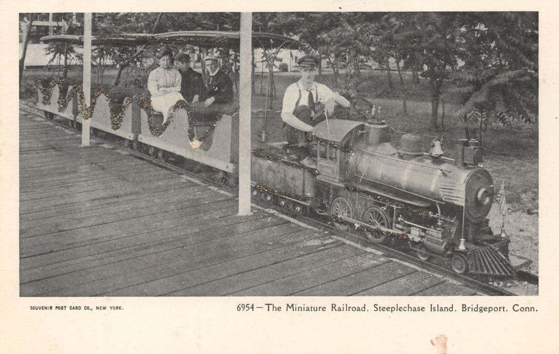 Miniature Railroad Steeplechase Island Bridgeport USA Real Glitter Old Postcard