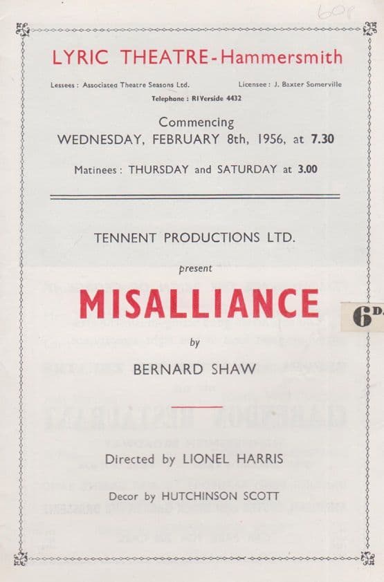 Misalliance Bernard Shaw Bernard Foz Ann Walford Hammersmith Theatre Programme