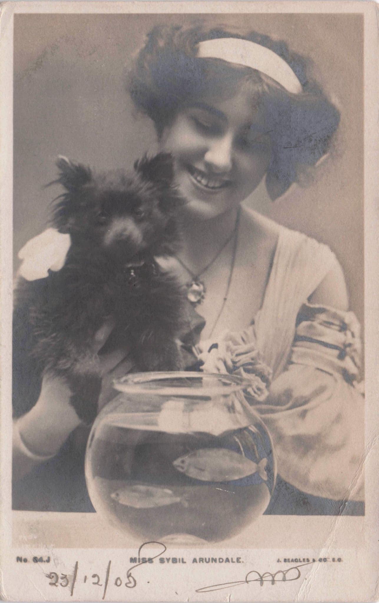 Miss Sybil Arundale Fish & Dog Goldfish Bowl Edwardian Actress Old Postcard
