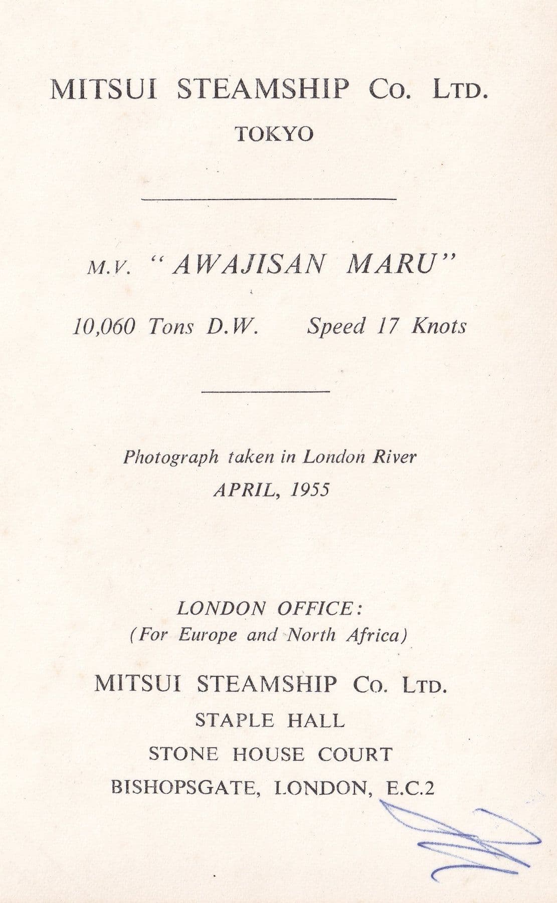 Mitsui Steamship Company Japan MV Awajisan Maru Ship Advertising Postcard
