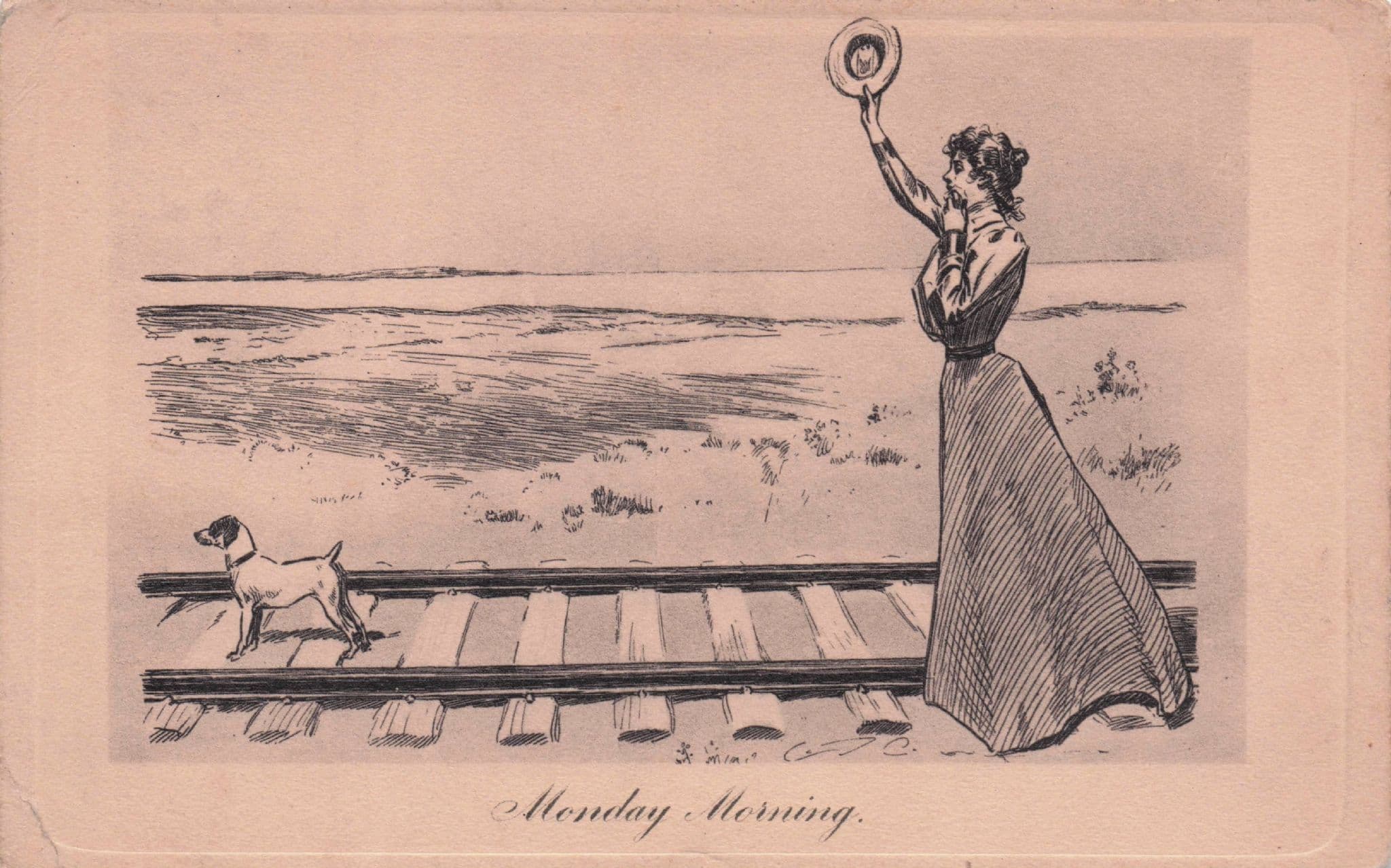 Monday Morning Old Railway Track Glamour Lady Dog Comic Postcard