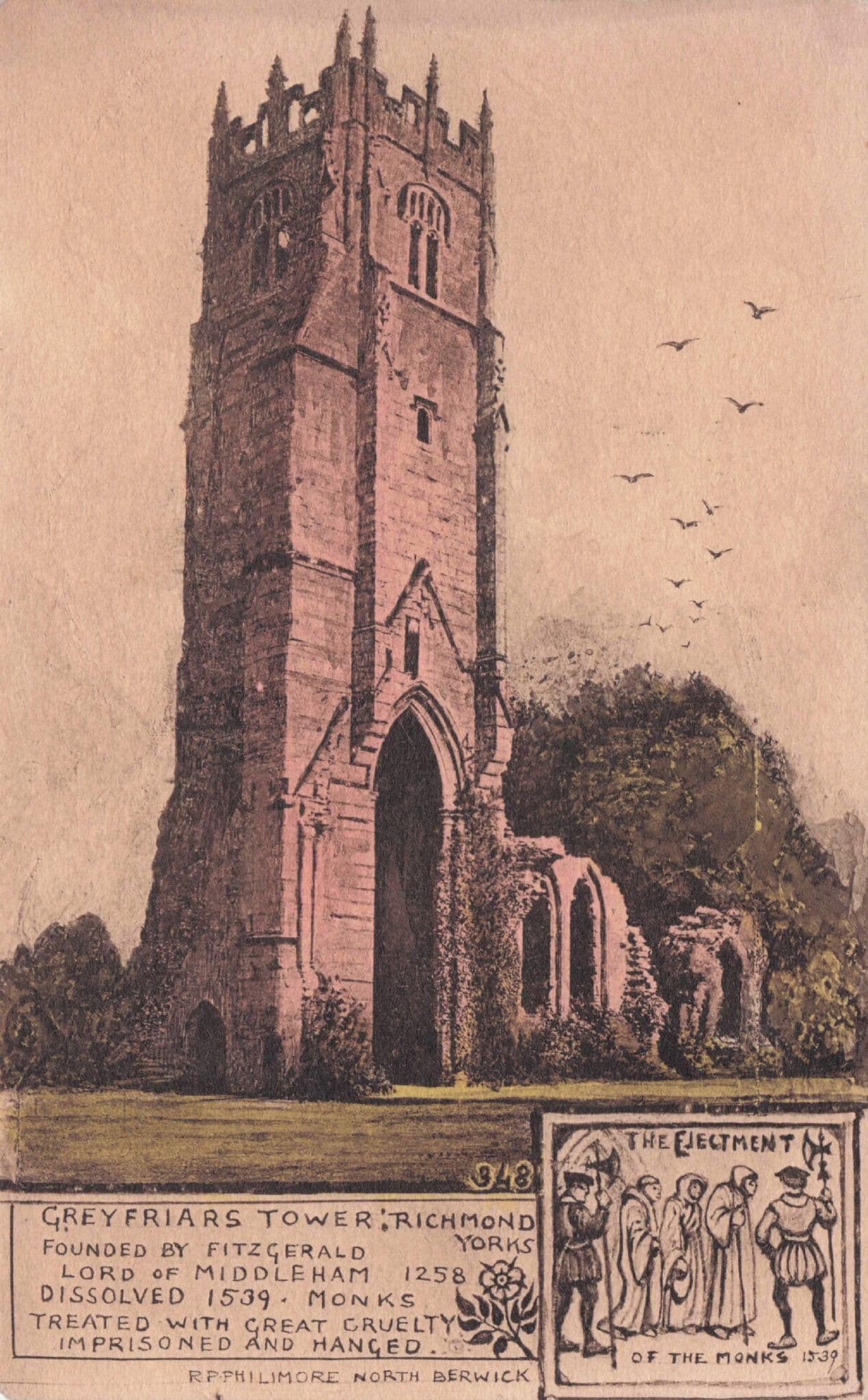Monks Death Sentence Greyfriars Tower Richmond Yorks Old Postcard