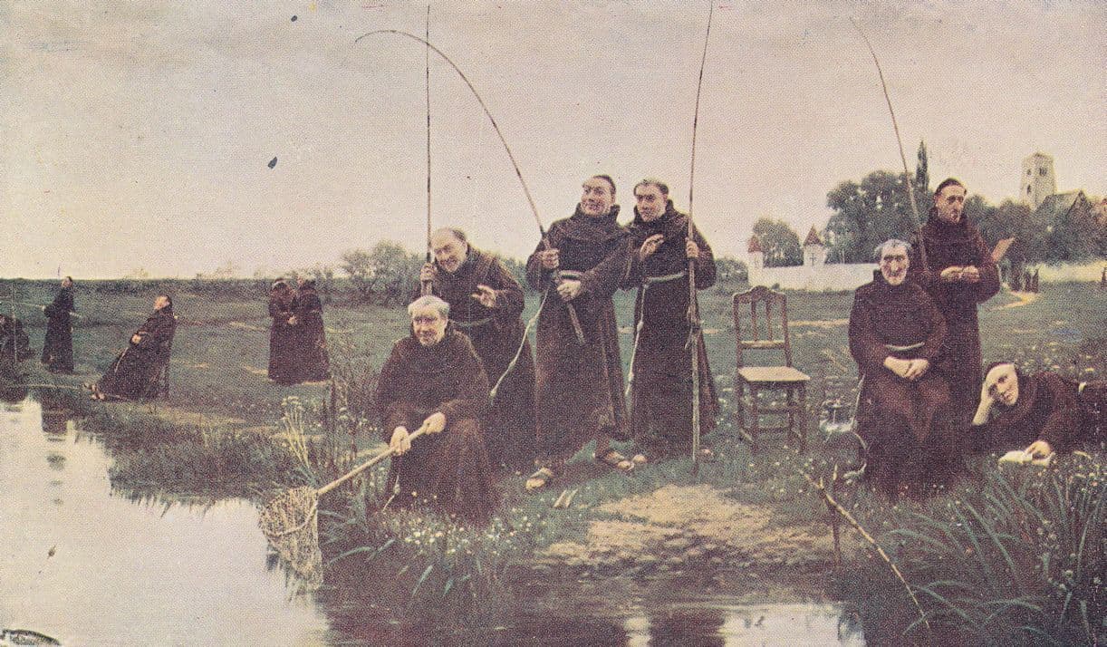 Monks Fishing London Reward Card Antique Rare Postcard