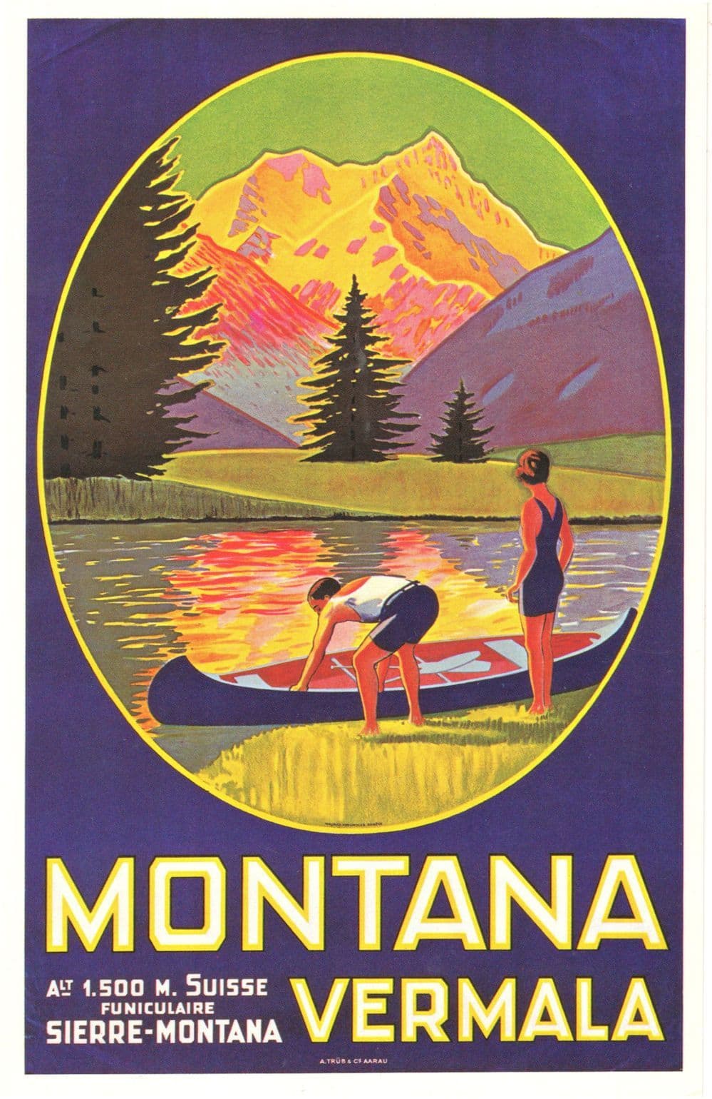 Montana Vermala Sierre Canoe Boat Switzerland 1926 Poster Postcard