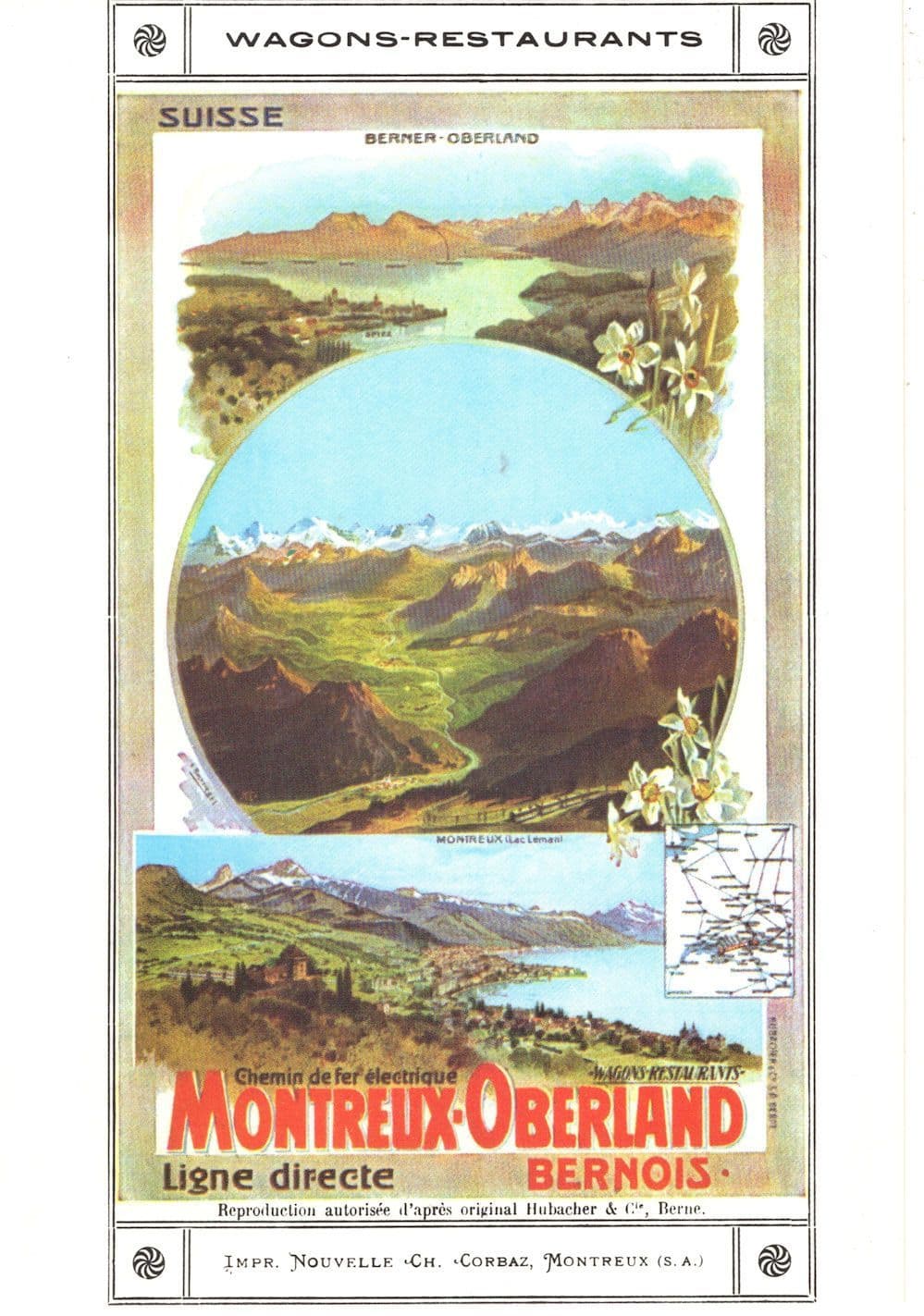 Montreux Oberland Bernois 1910 Map Railway Swiss Poster Postcard