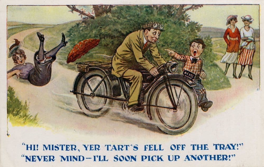 Motorcycle Lady Rider Bike Lady Tart Disaster Fall Antique Comic Postcard