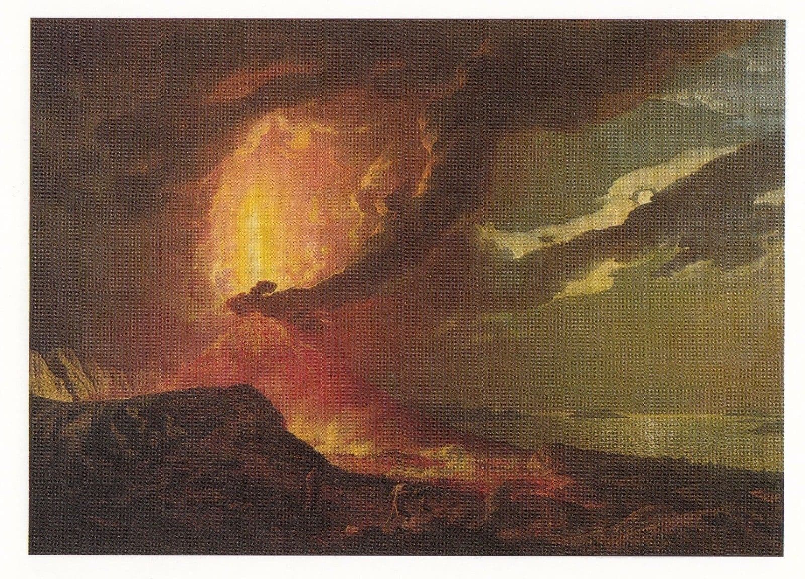 Mount Vesuvias Volcano Eruption Erupting Disaster Italy Old Painting Postcard
