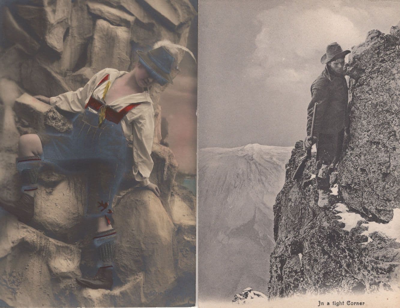 Mountain Climber Trapped In A Tight Corner Old 2x Disaster Postcard