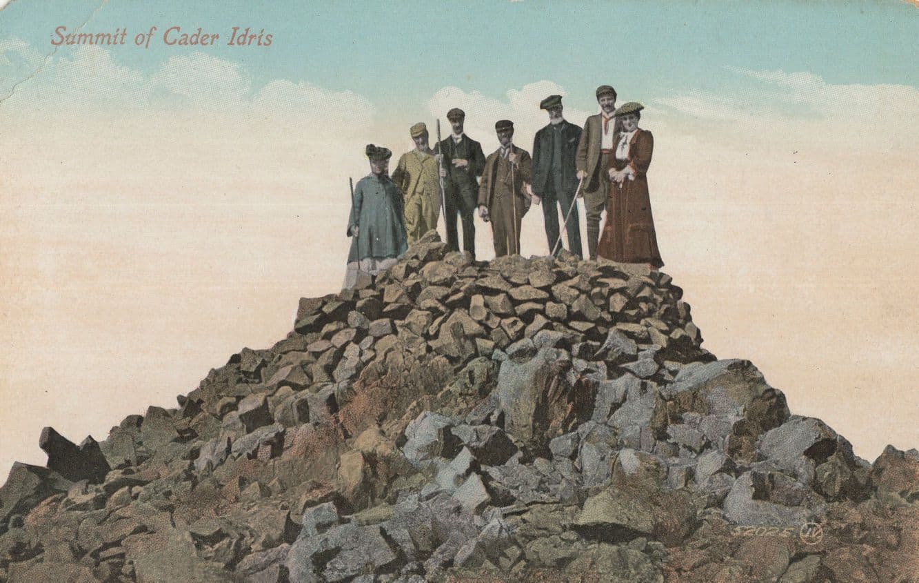 Mountain Climbers Reaching Cader Idris Summit Wales Old Postcard