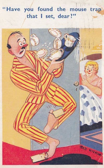 Mouse Trap Rat Catcher On Slippers Shoes Toes 50s Comic Humour Postcard