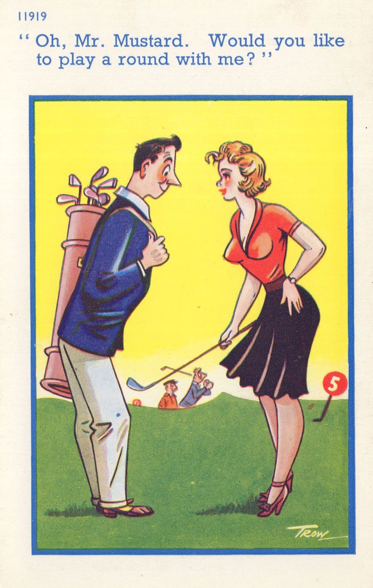 Mr Mustard With Lady Golfer Old Comic Golfing Postcard