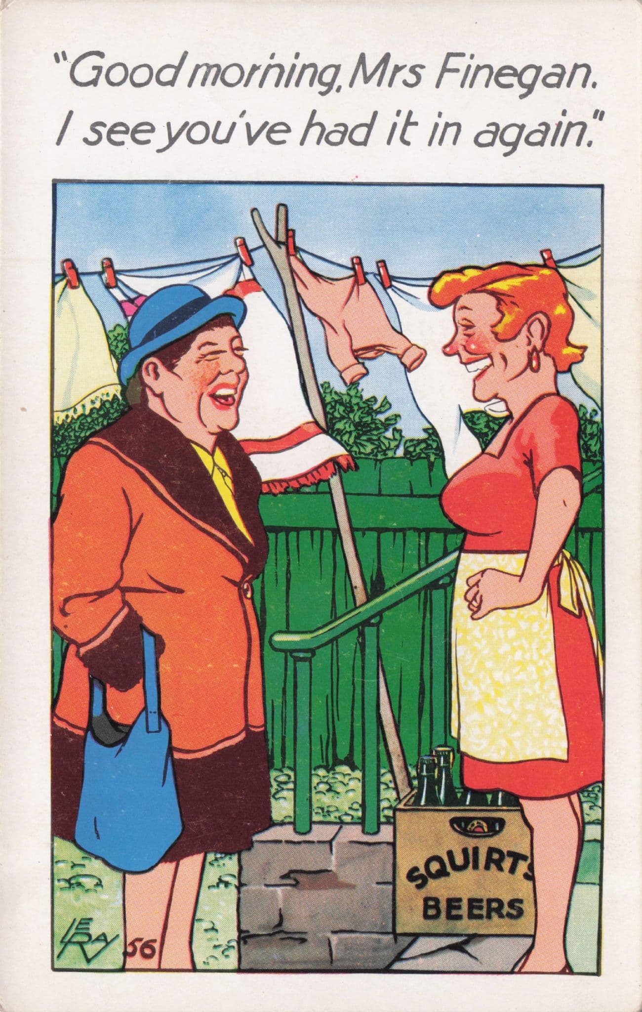 Mrs Finegan Washing Line Beer Bottle Box Old Comic Postcard