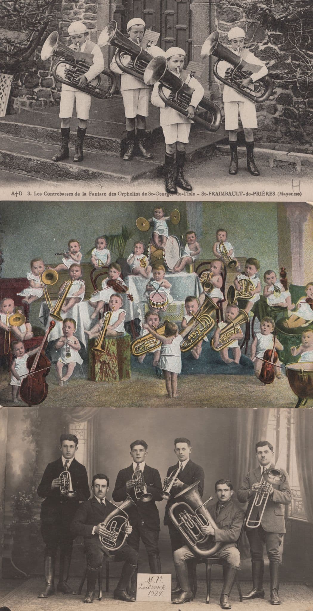 Multi Babies Brass Band Orchestra Music Tuba 3x Old Postcard