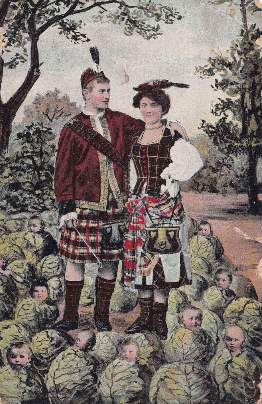 Multi Babies Mother in Scottish Romance Tartan Old Postcard