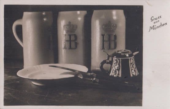 Munchen German Beer Tankard Dinner Plate Cutlery Old Real Photo Postcard