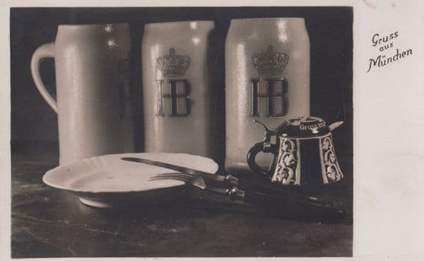 Munchen Germany Tankard Beer Glass Jug Cutlery Antique RPC Postcard