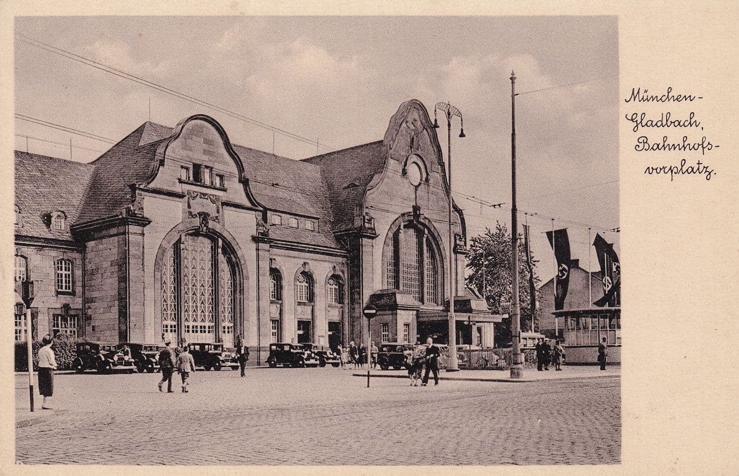 Munchen Gladbach Bahnhofsvorplatz Swastika Flags Old German Postcard
