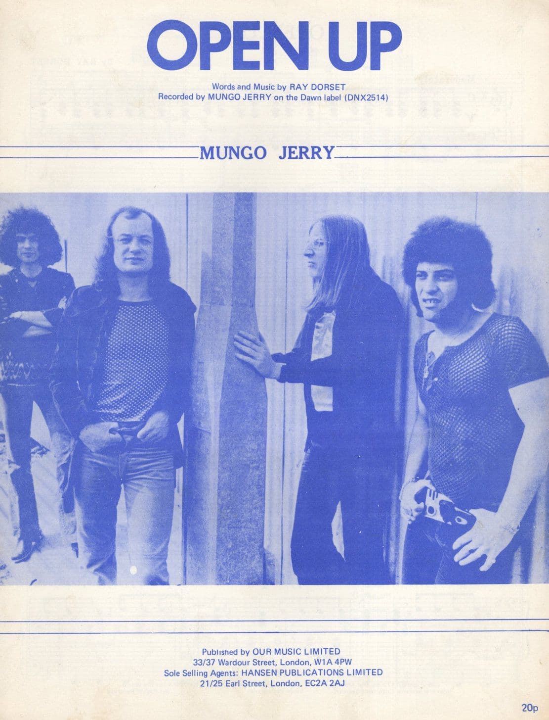 Mungo Jerry Open Up RARE Vintage 1972 UK Sheet Music