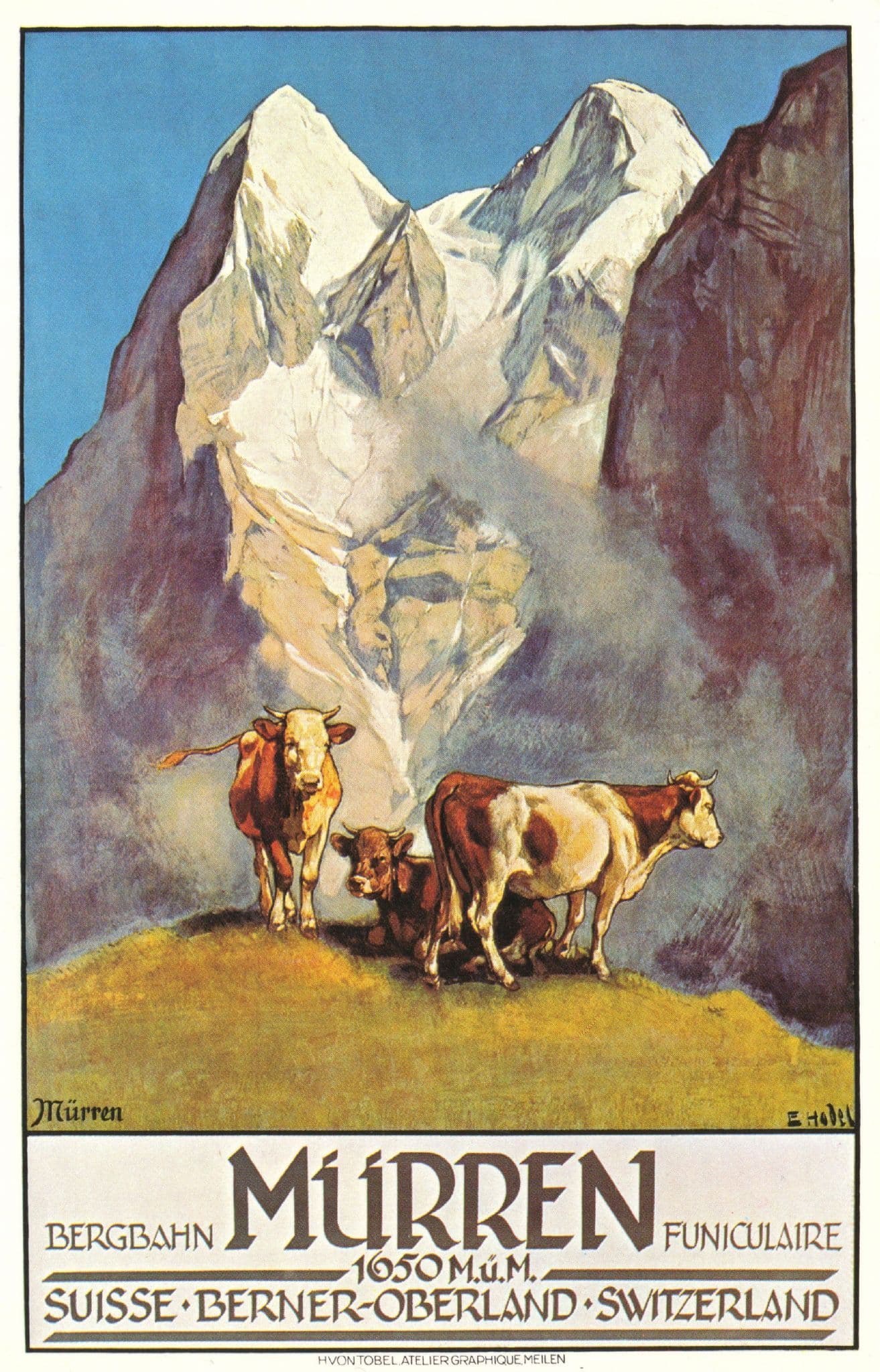 Murren Bergbahn Funiculaire Swiss Cattle 1925 Poster Postcard