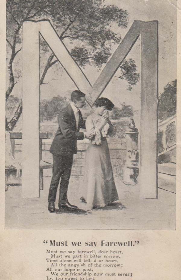 Must We Say Goodbye Farewell Capital Letter M Girl Crying Old Songcard Postcard