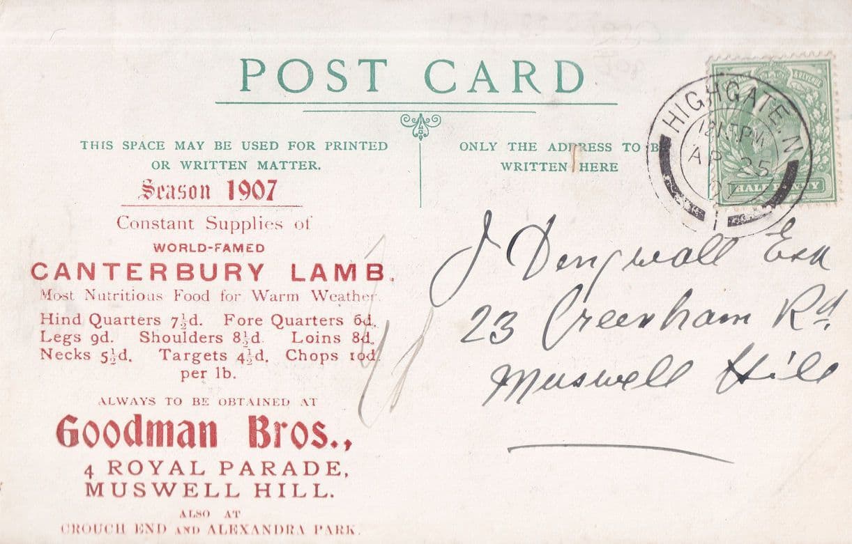 Muswell Hill Butchers Canterbury Lamb Old London Advertising Postcard