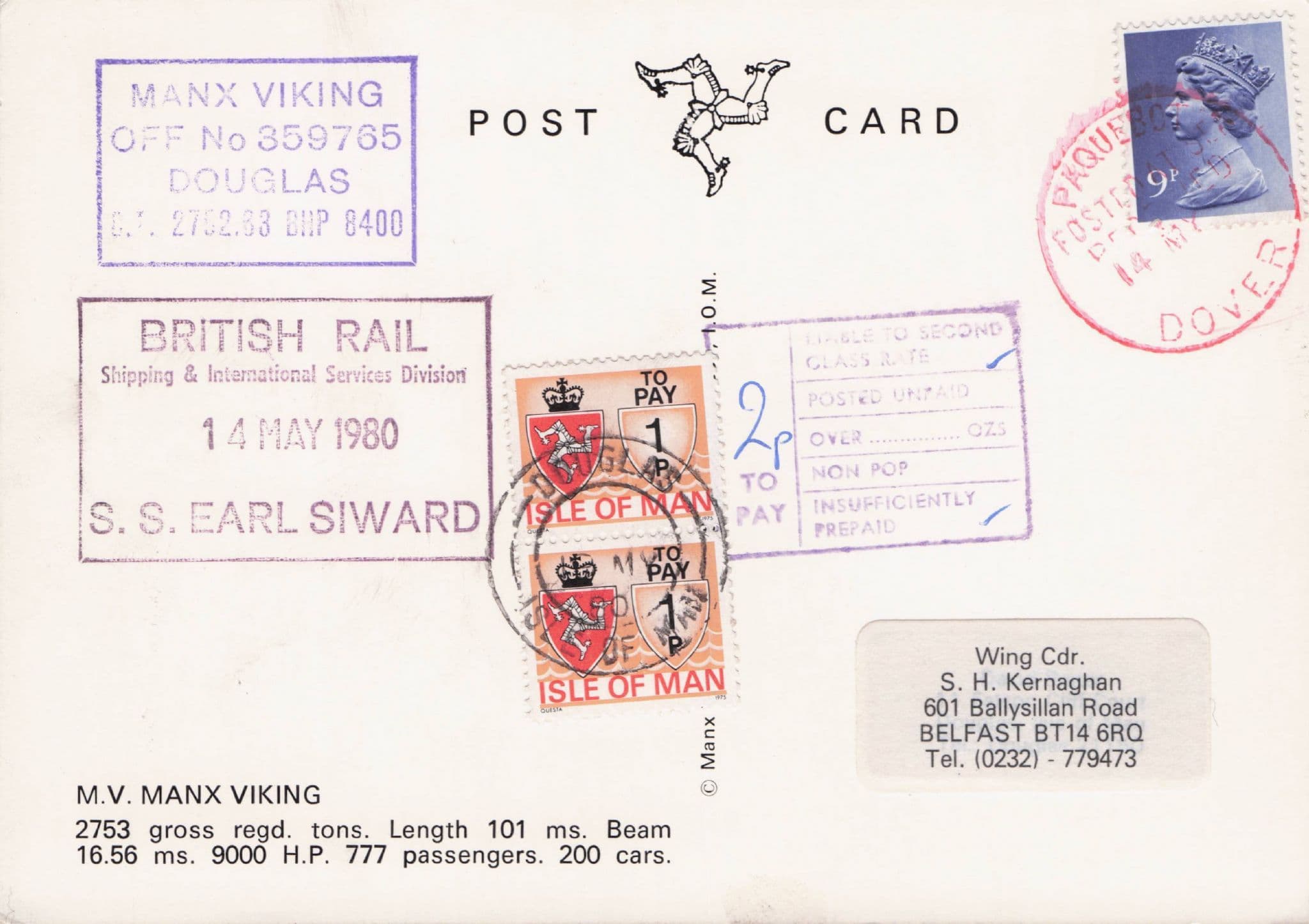 MV Manx Viking British Rail Isle Of Man 1980 Posted On Board Postcard