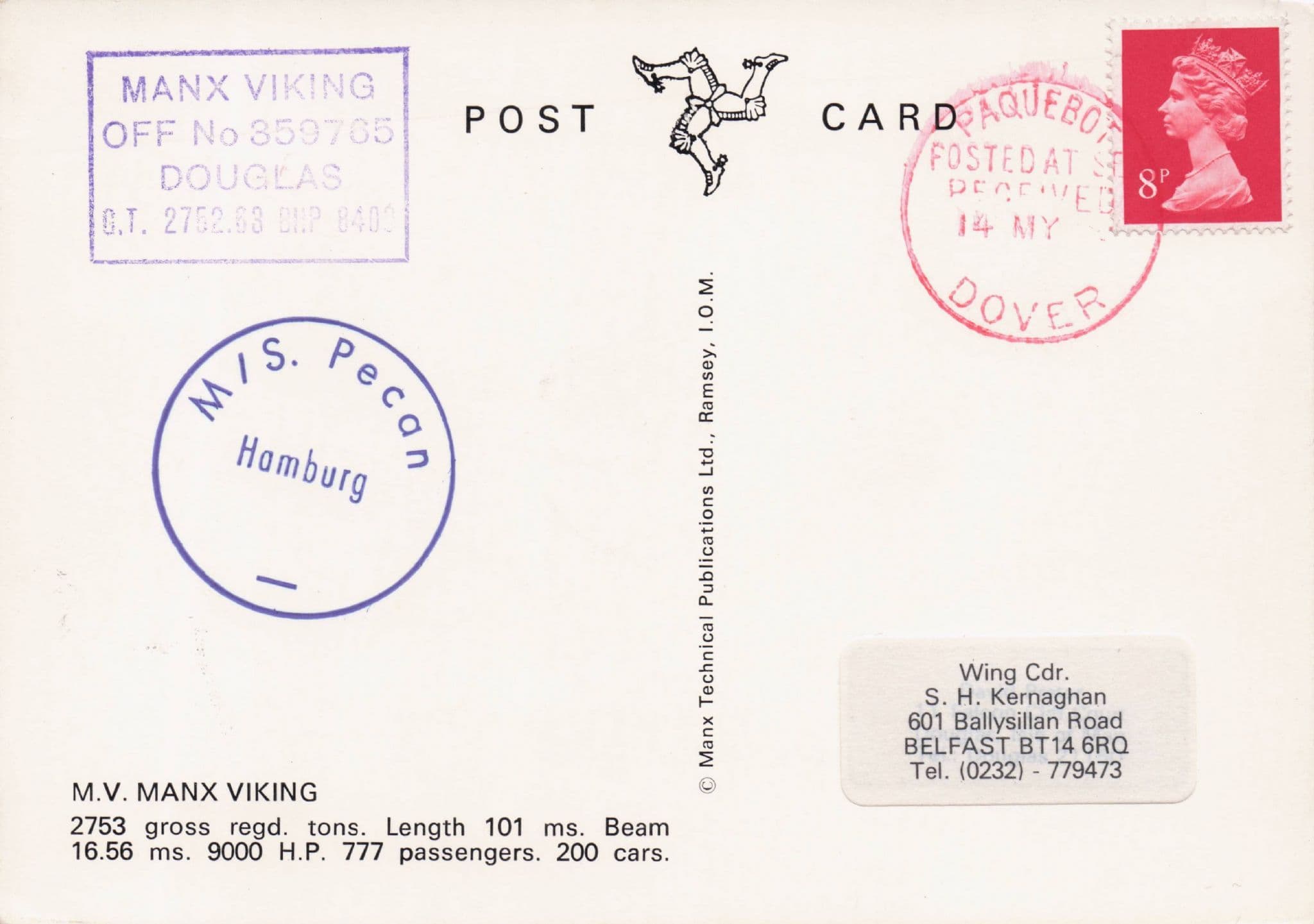 MV Manx Viking Hamburg PS Pecan Ship Posted On Board Postcard