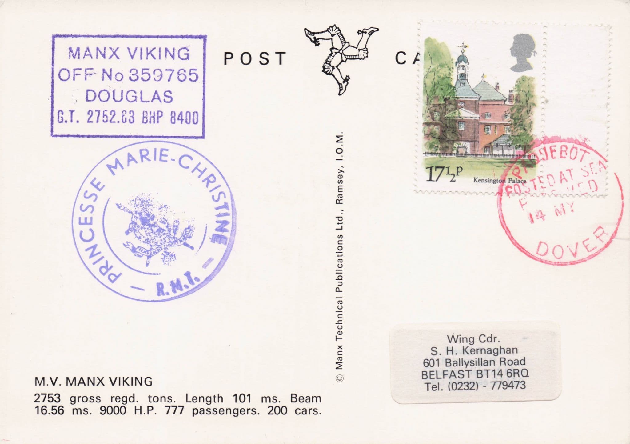 MV Manx Viking Princesse Marie Christine Ship Posted On Board Postcard