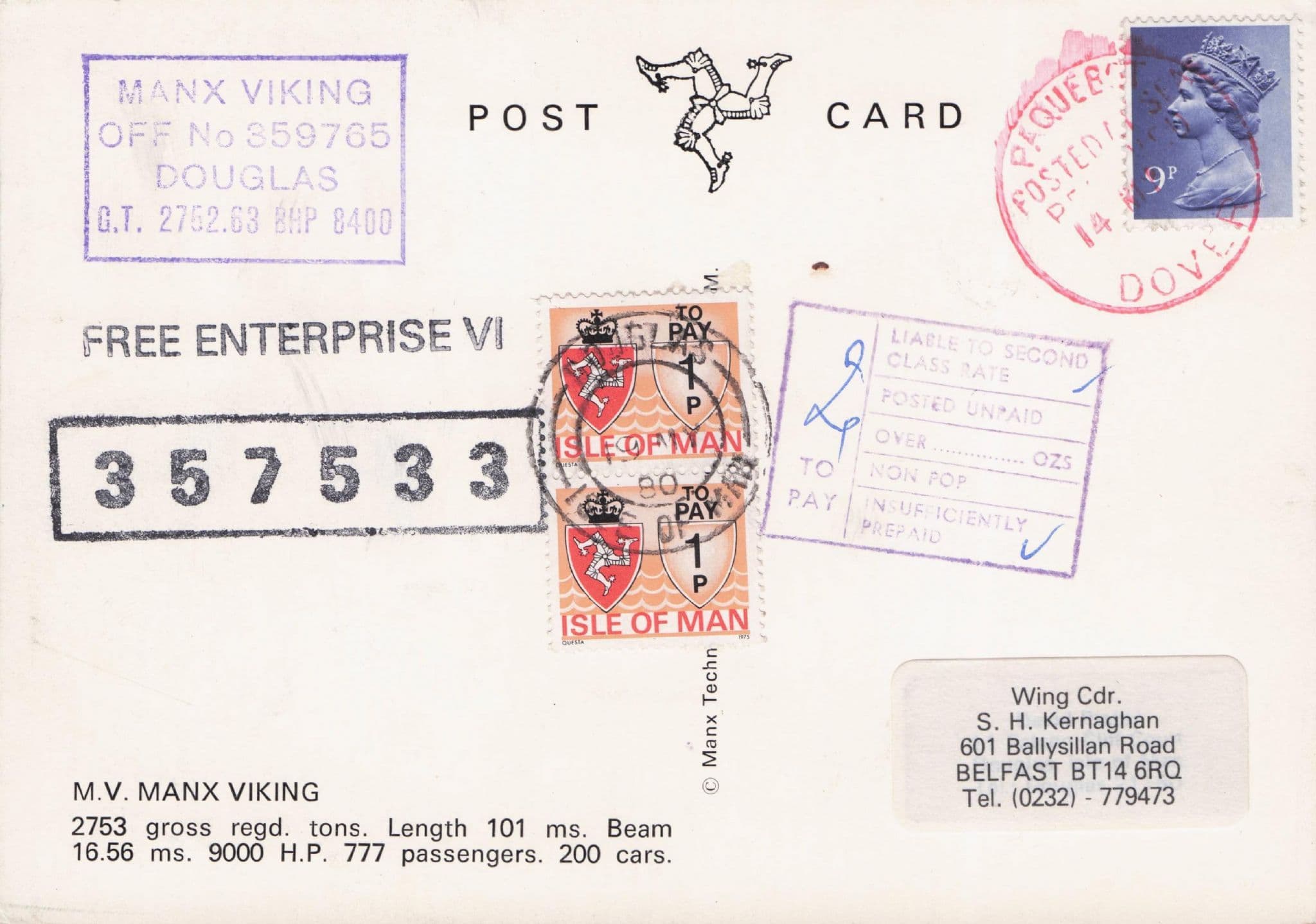 MV Manx Viking Ship Dover Isle Of Man 1980 Posted On Board Postcard