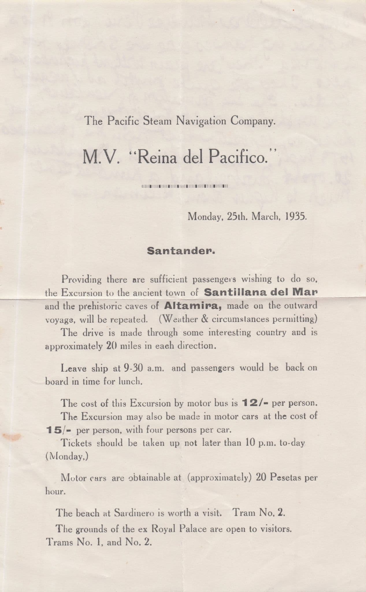 MV Reina Del Pacifico 1953 Cruise To Spanish Prehistoric Caves Letter