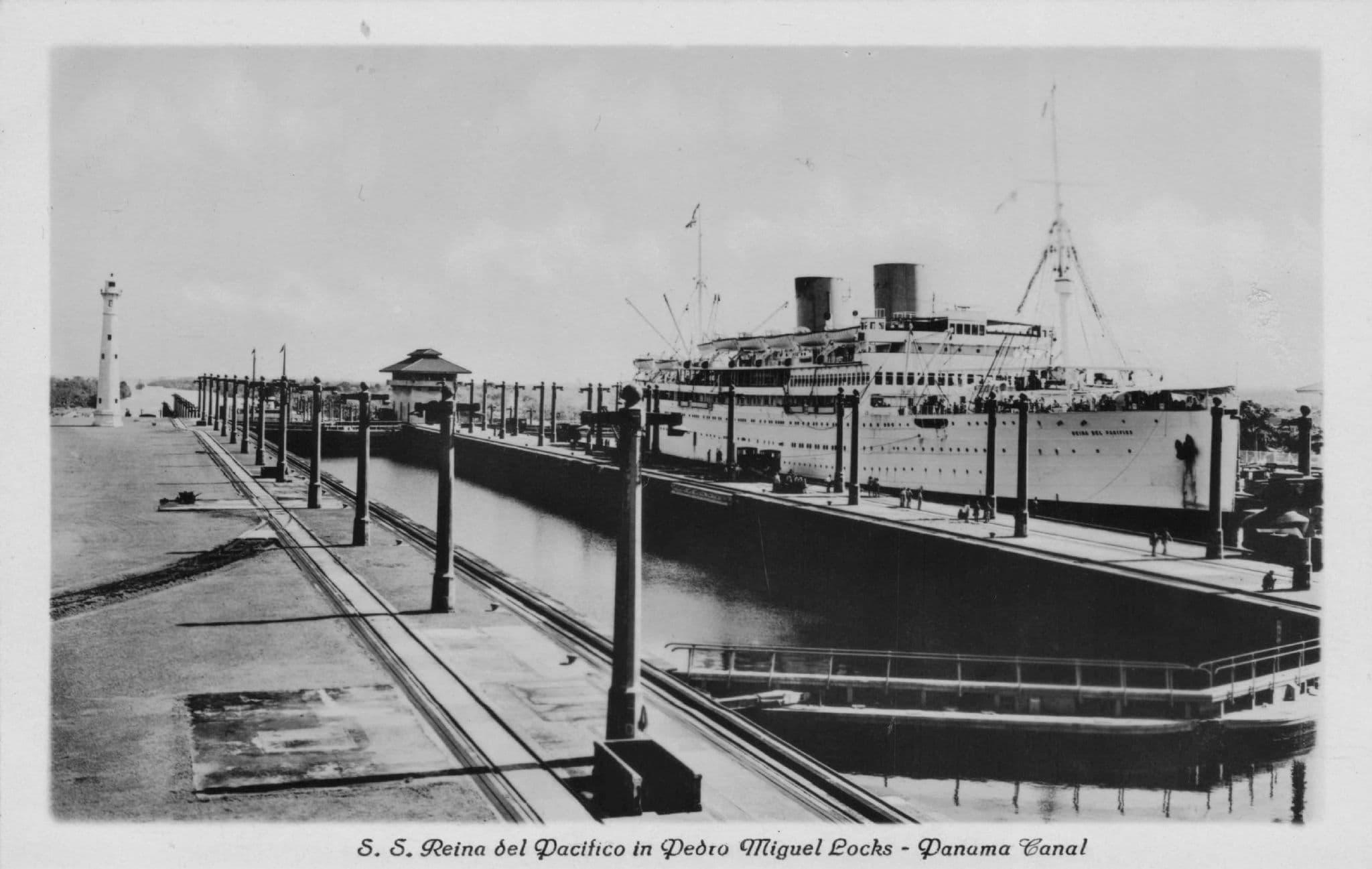 MV SS Reina Ship at Miguel Locks Panama Canal South America Real Photo Postcard