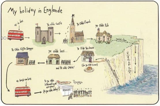 My Holiday In Boring England Gift Shop Bus Airport London Comic Humour Postcard
