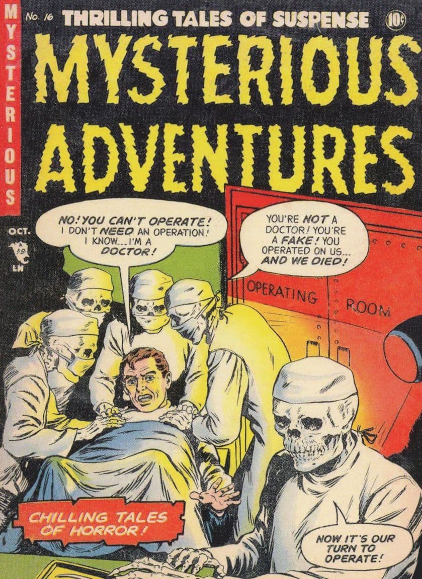 Mysterious Adventures 1950s Comic Skeleton Hospital Surgery Postcard