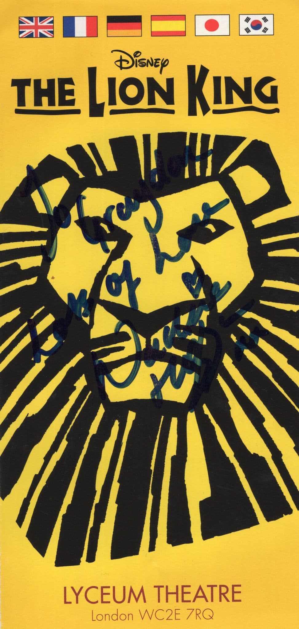 Nadine Higgin The Lion King Walt Disney Hand Signed Theatre Flyer