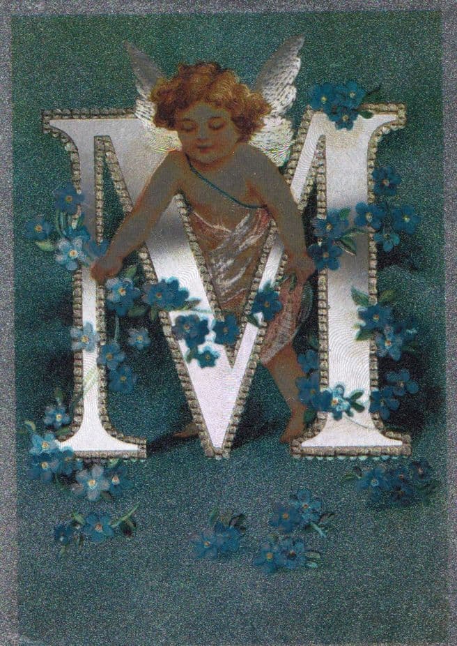 Name Begin With The Letter M Cupid Angel Metallic Love Stunning Glitter Postcard