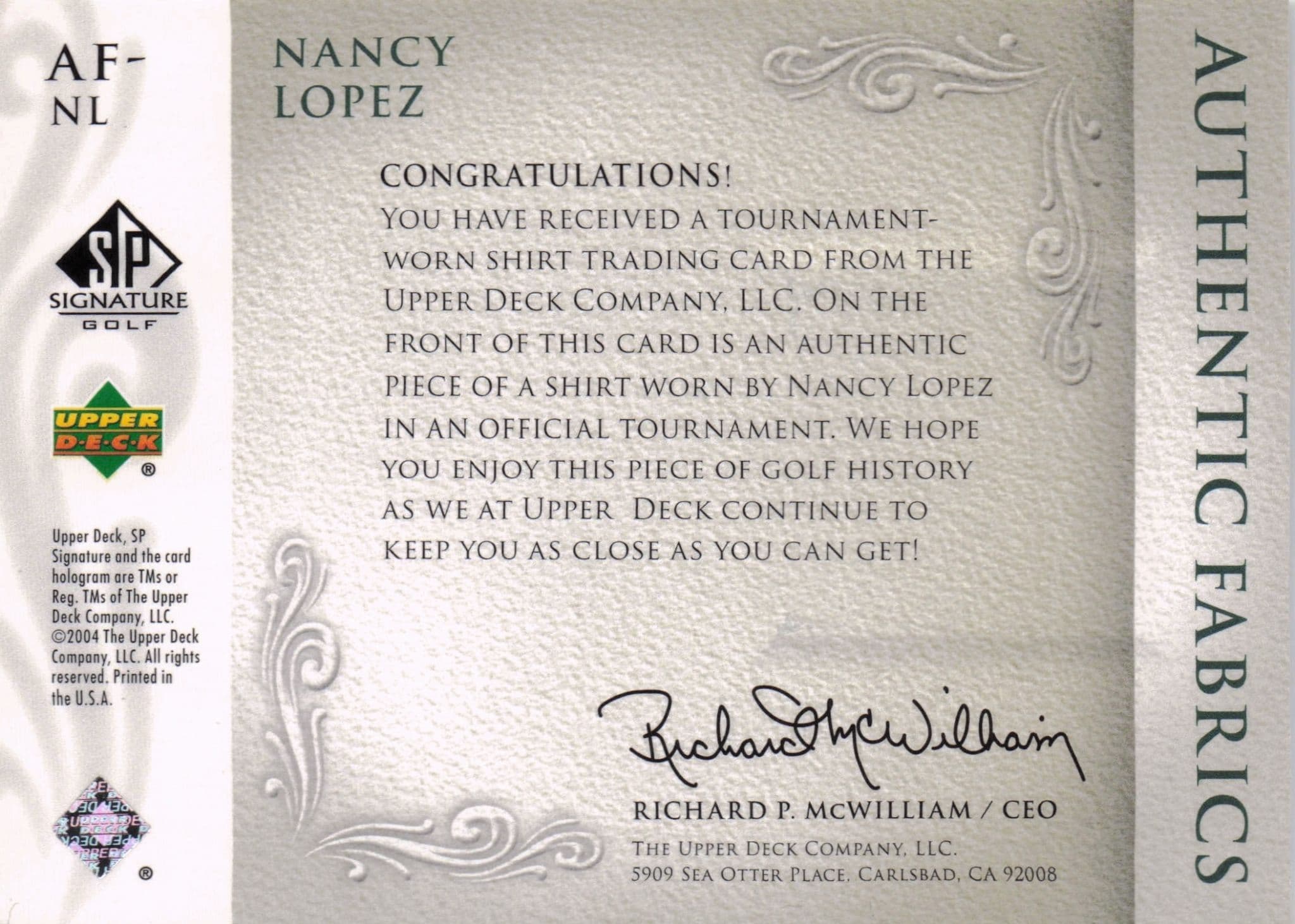 Nancy Lopez Authentic Fabrics 2004 Upper Deck Real Golf Shirt Card