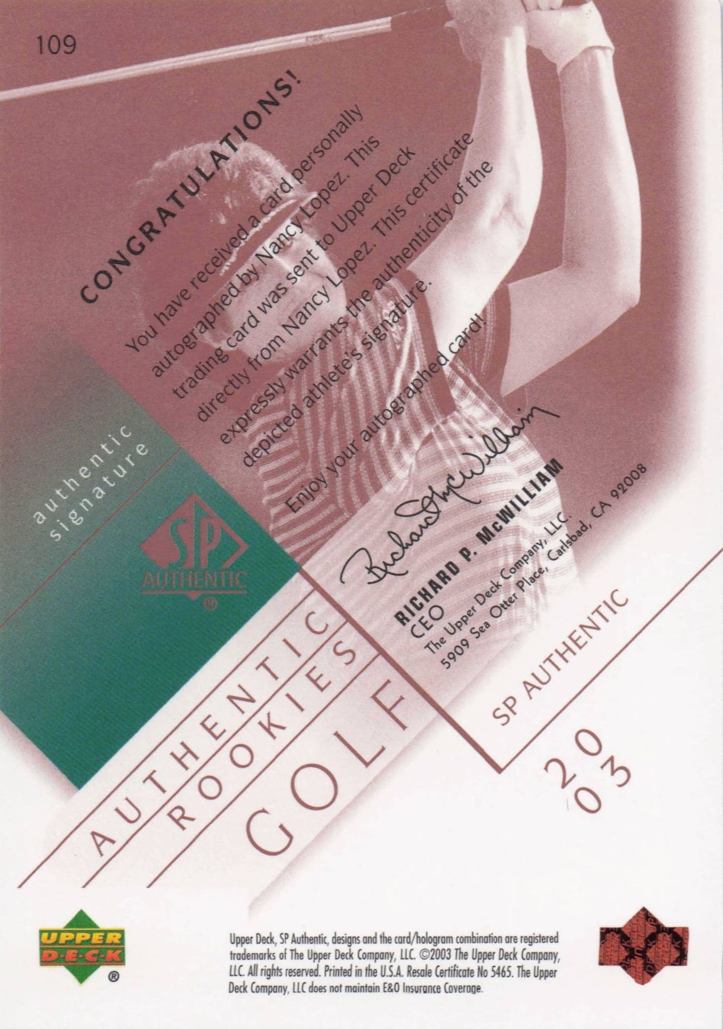 Nancy Lopez Authentic Rookies 2003 Golf SP Hand Signed Autograph Card