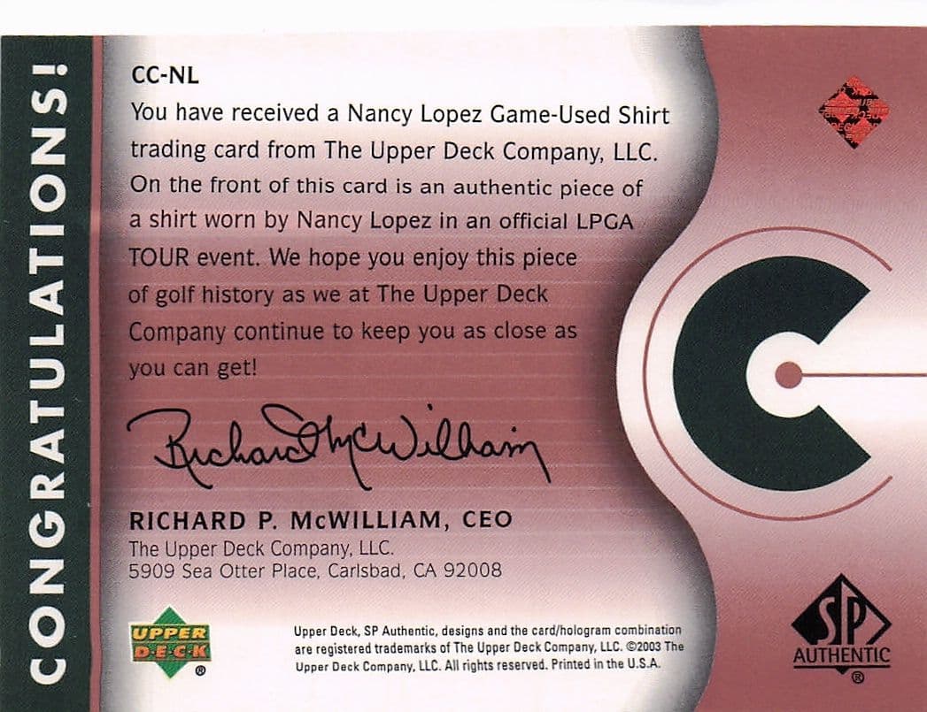 Nancy Lopez Course Classics 2003 Authentic Worn PGA Tour Golf Shirt Card