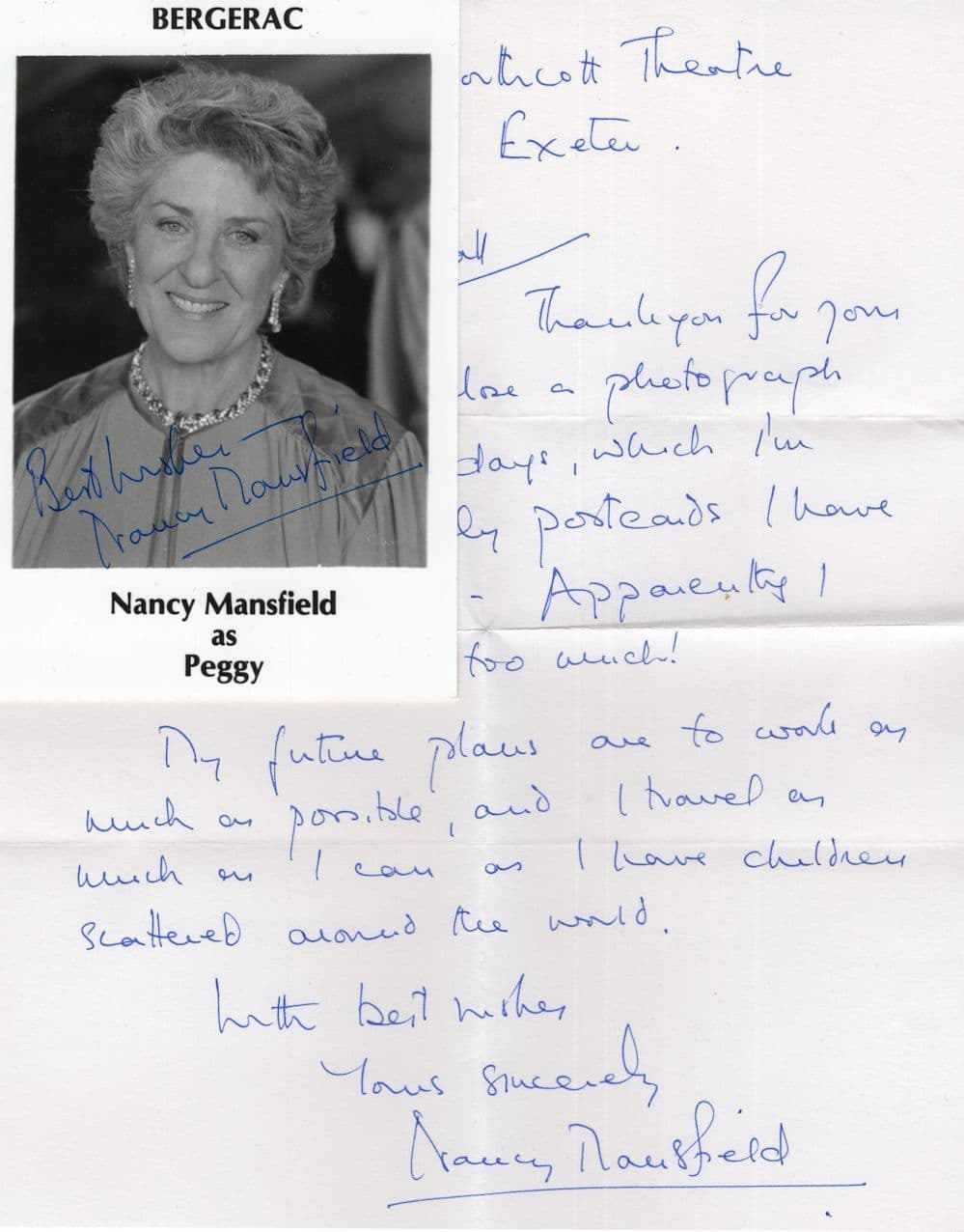 Nancy Mansfield Peggy Masters Bergerac Hand Signed Photo & Letter