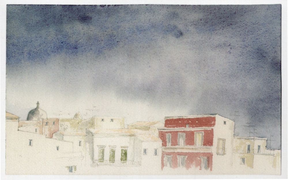 Naples Cafe Disaster Weather Italian Aerial View Sketch Painting Postcard
