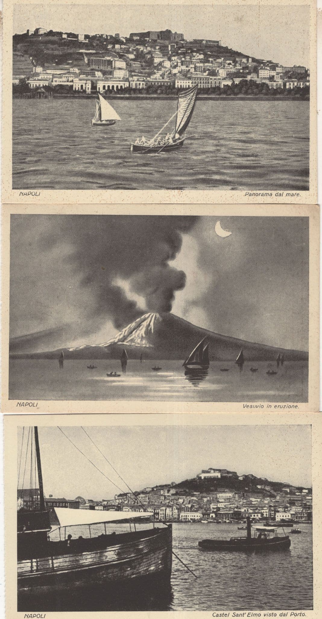 Napoli Boats Volcano Under Crescent Moon 3x Old Italy Postcard s