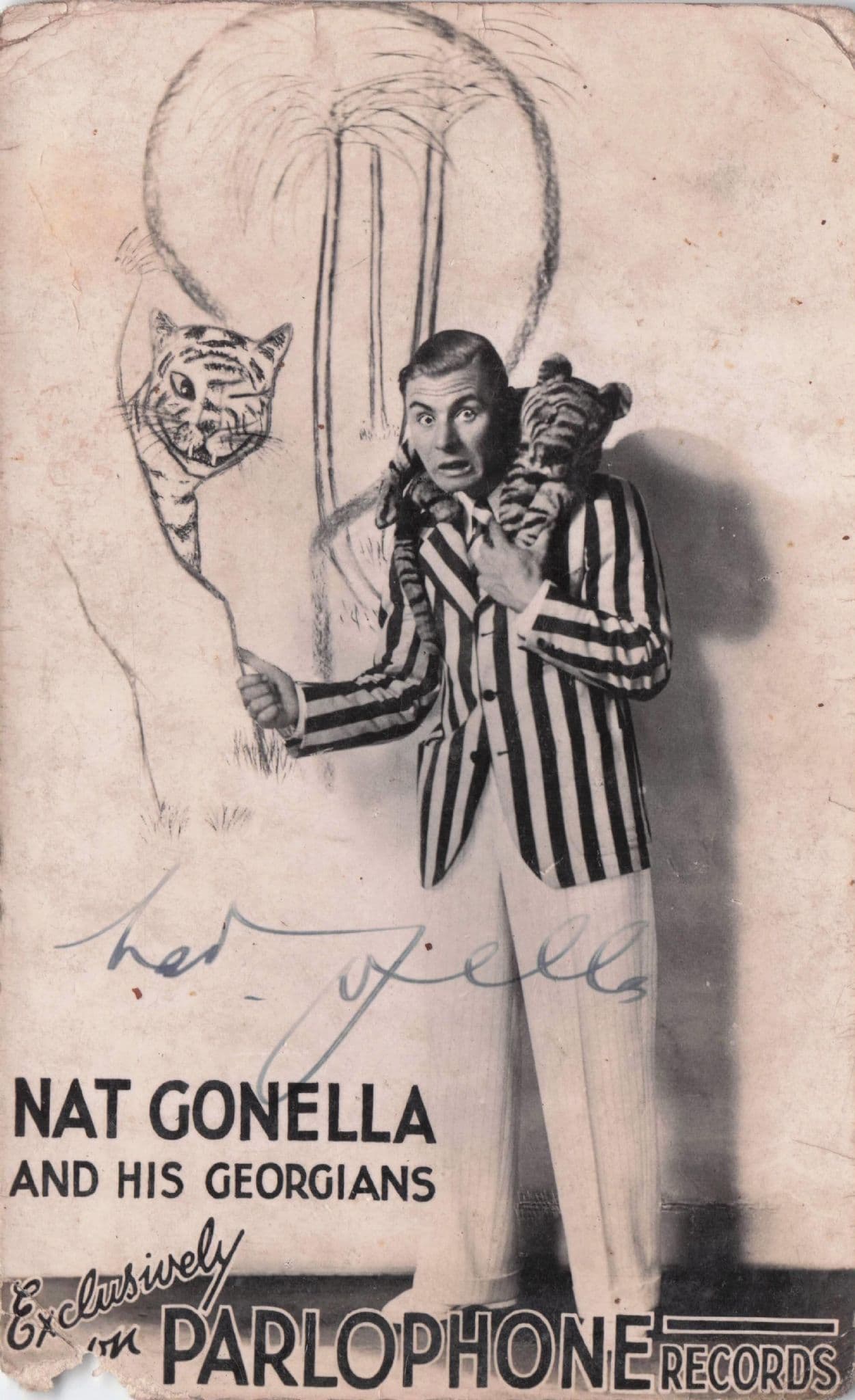 Nat Gonella & His Georgians Parlophone Jazz Antique Hand Signed Worn Postcard