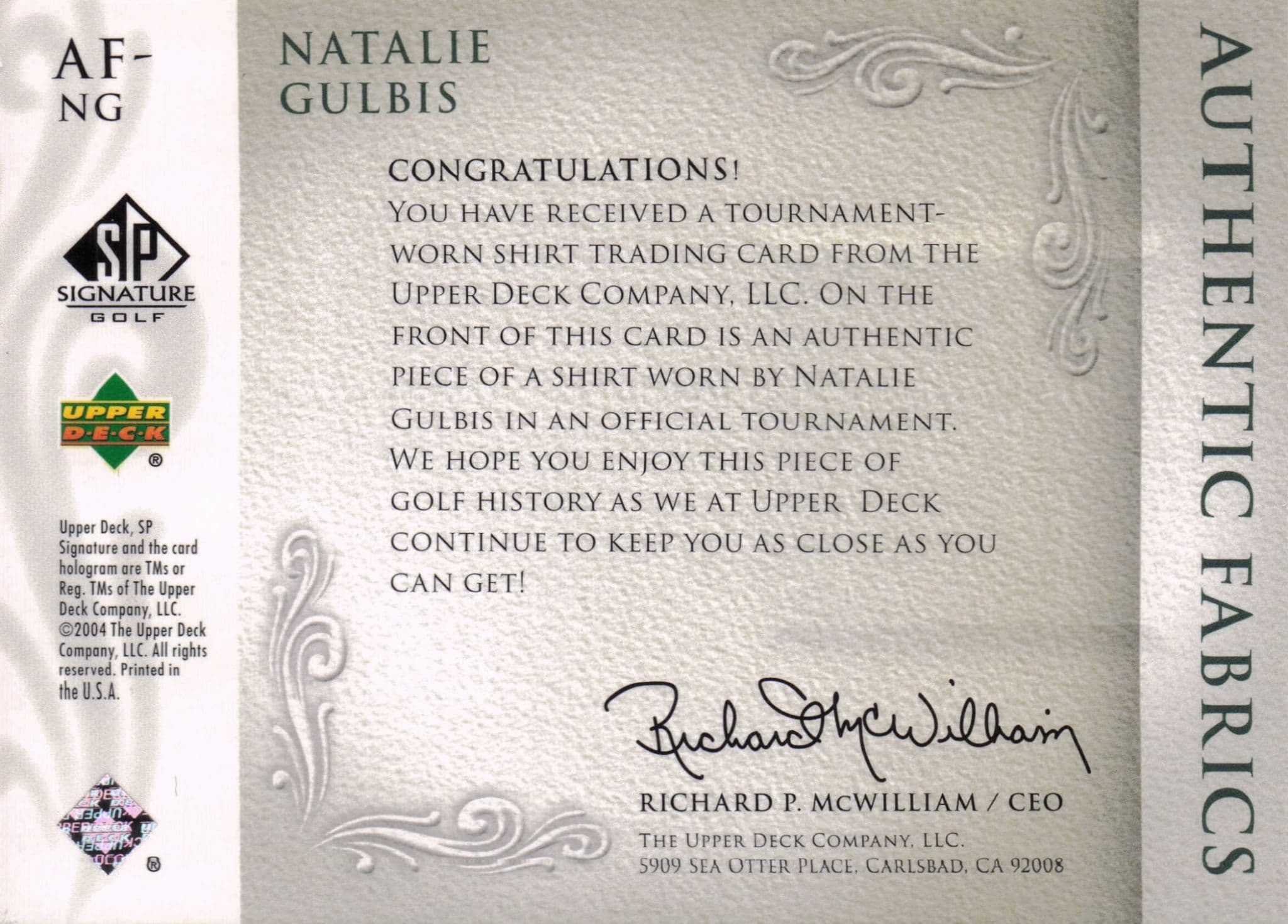 Natalie Gulbis Authentic Fabrics 2004 Upper Deck Real Golf Shirt Card