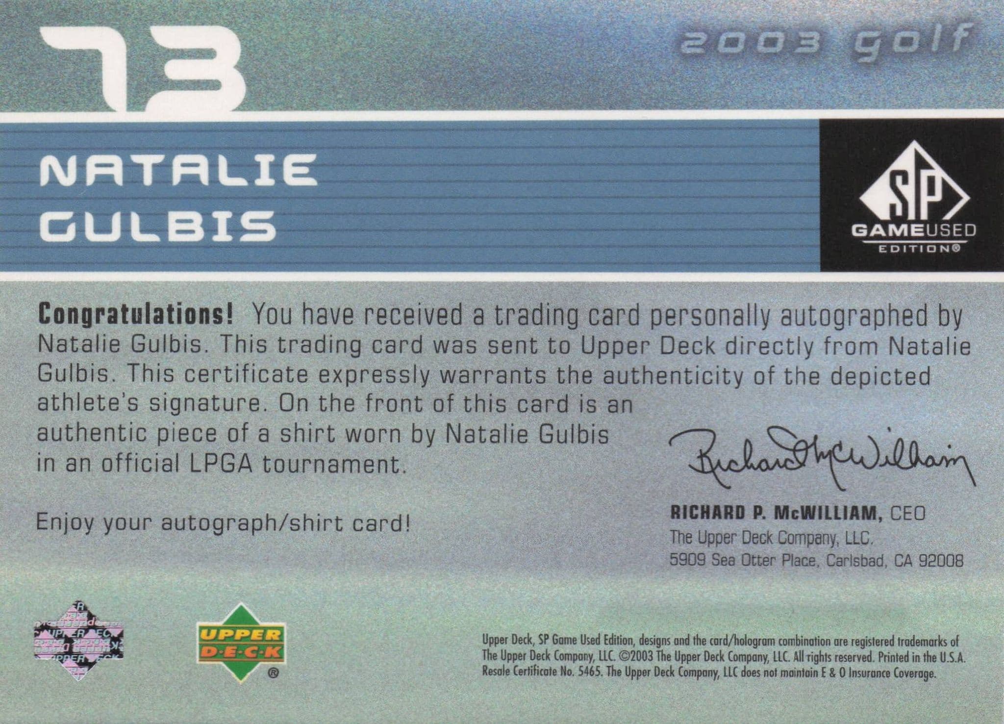 Natalie Gulbis First Tee SP 2003 Golf Hand Signed Worn PGA Shirt Card