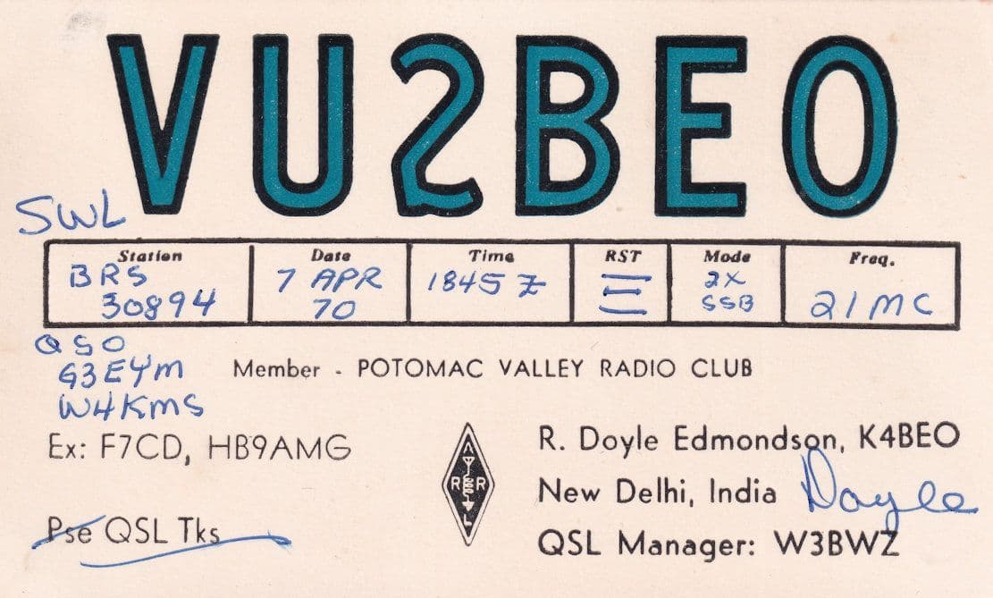 New Delhi Indian Vintage QSL Potomac Valley Club 1970s Radio Card