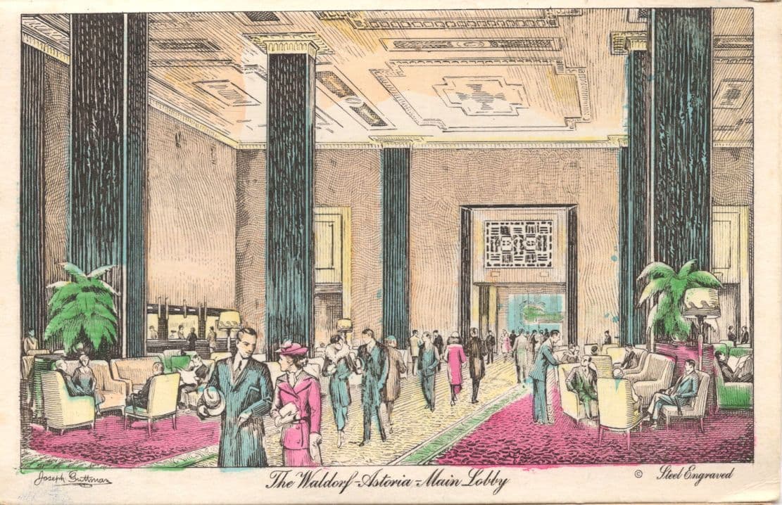 New York Waldorf Astoria Hotel Main Lobby USA Old Rare Postcard