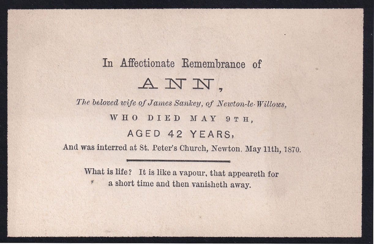 Newton Le Willows Antique Victorian Funeral Card