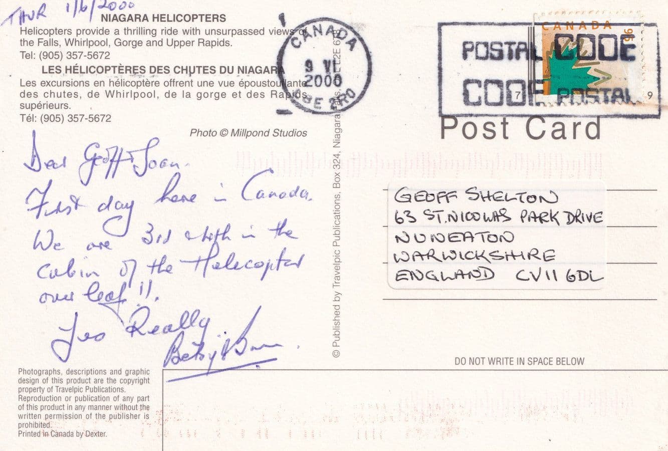 Niagara Helicopter Sent On Board From Cabin Upper Rapids Canada Postcard